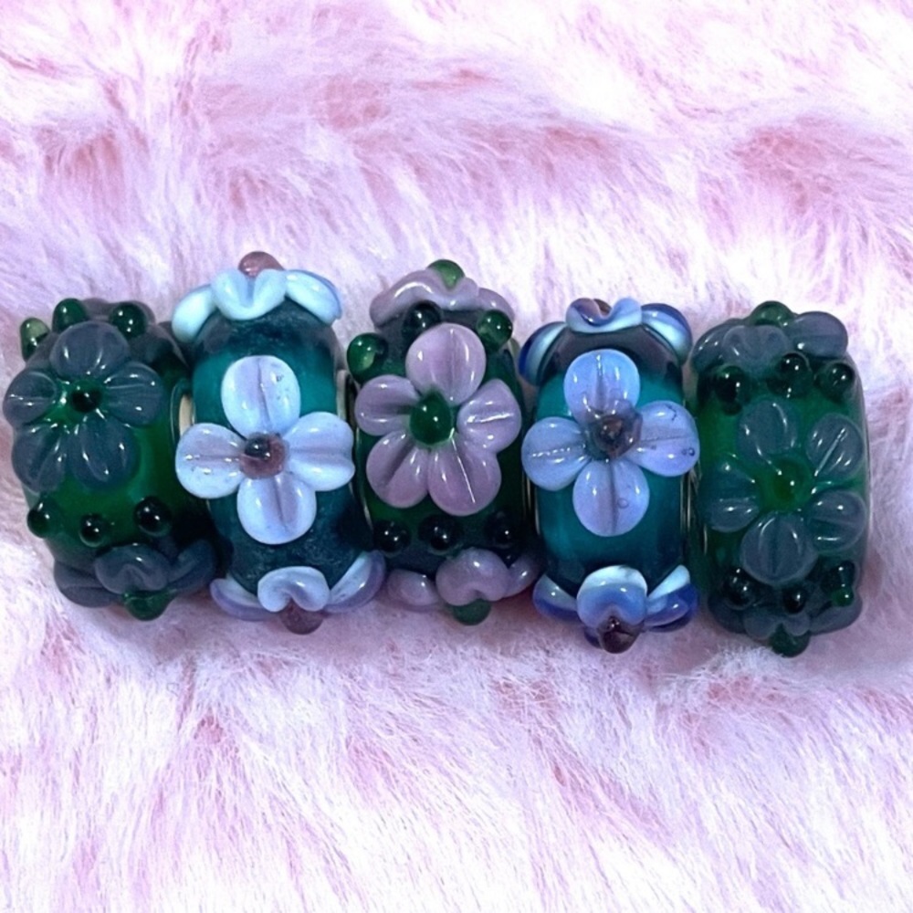 5 Charm 3D Green Flower Glass Murano Sterling Silver Spacer Bead For Pandora Set